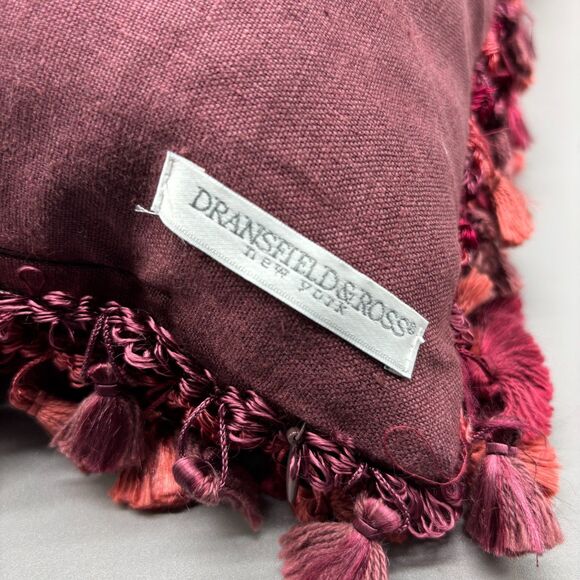 Dransfield & Ross Throw Pillow Plum Burgundy Red Pink Tassel Feather Down Insert - Picture 3 of 6